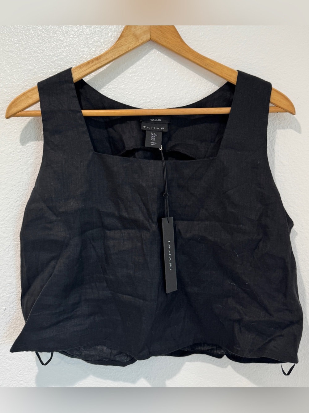 NWT Tahari Black 100% Linen Square Neck Sleeveless Tank Top Cropped Cami M